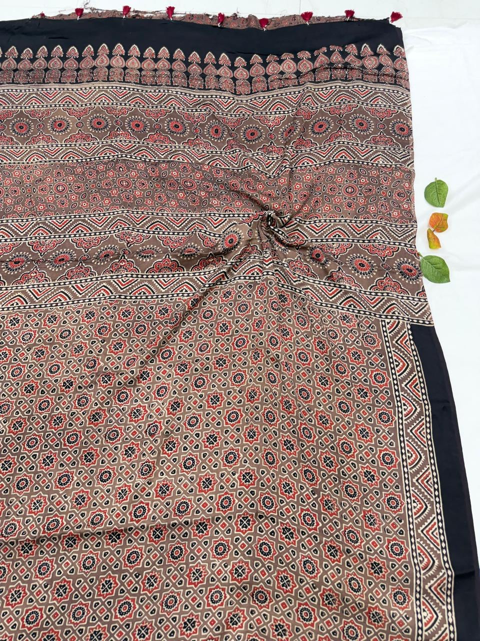 Kasis Ajrakh Modal Silk Saree | Original Hand Block Printed | Natural Iron Dye