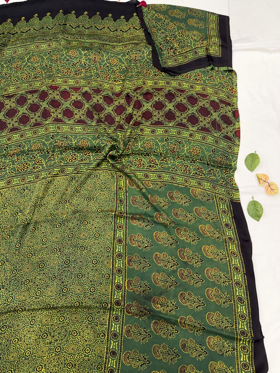 Green Ajrakh Modal Silk Saree | Hand Block Printed | Natural Dyes