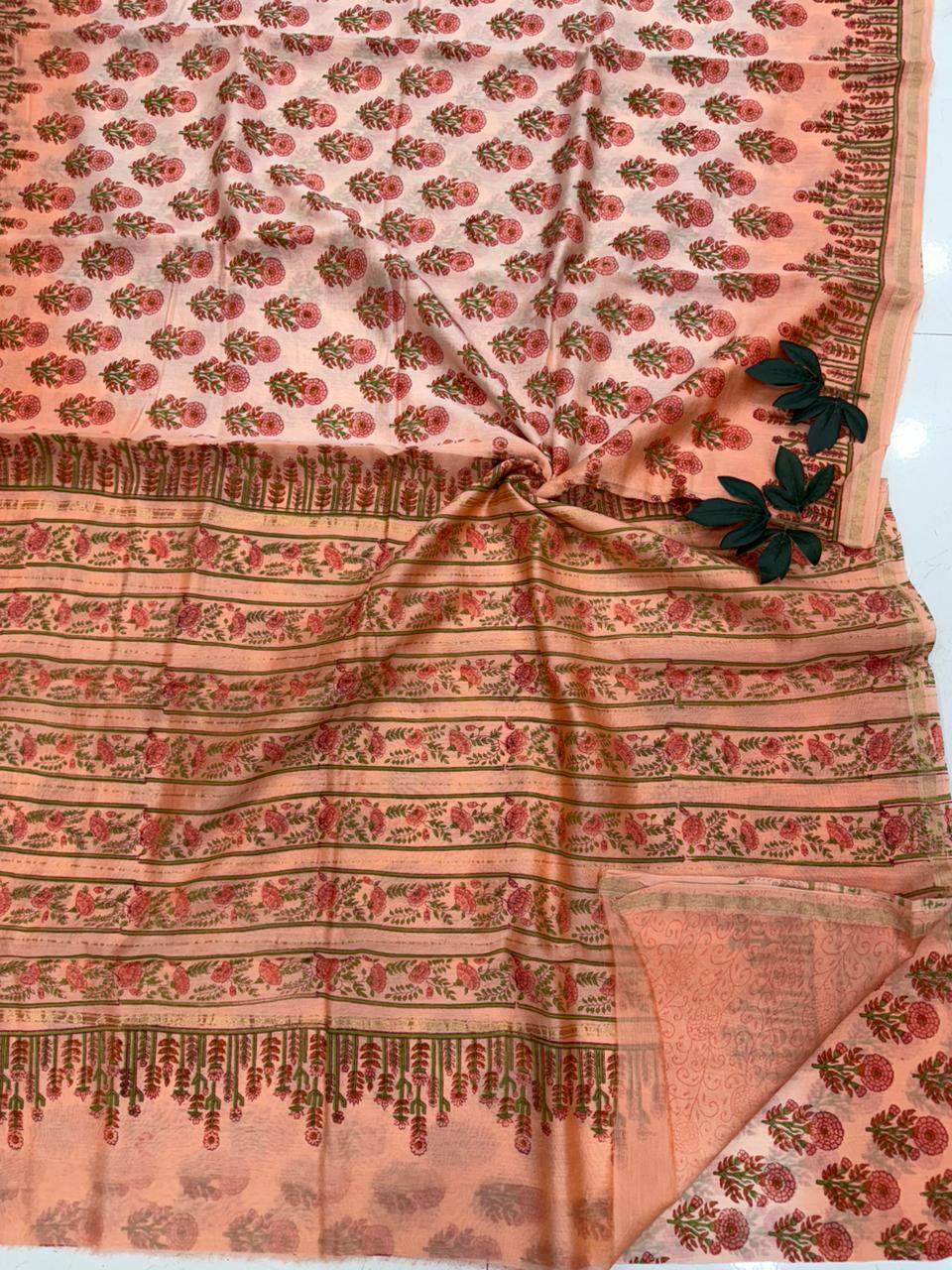 Authentic Bagru Hand Block Printed Chanderi Silk Saree in peach with natural floral motifs and handcrafted border