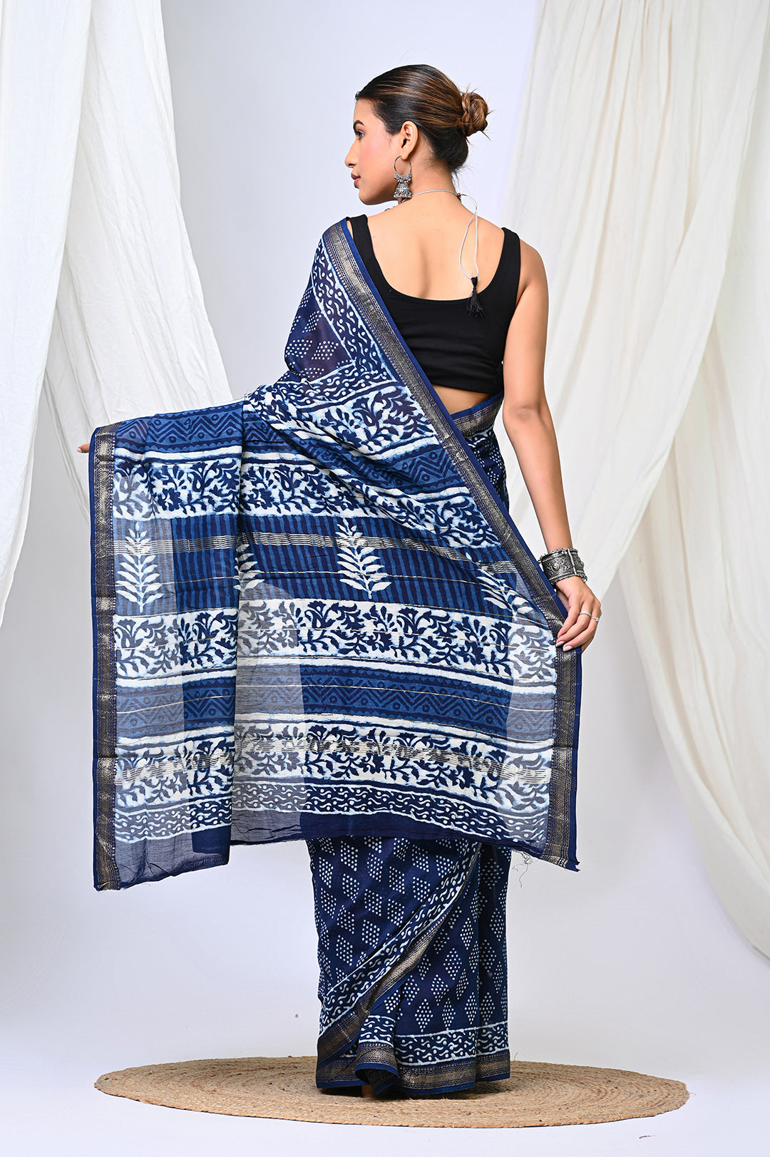 Handcrafted Indigo Dabu Print Maheshwari Silk Saree by Bagru Hastkala Printers
