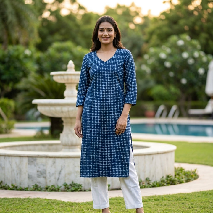 Full-length shot of a smiling woman posing outdoors in an Indigo Blue Bagru hand block printed V-neck kurti paired with classic white pants.