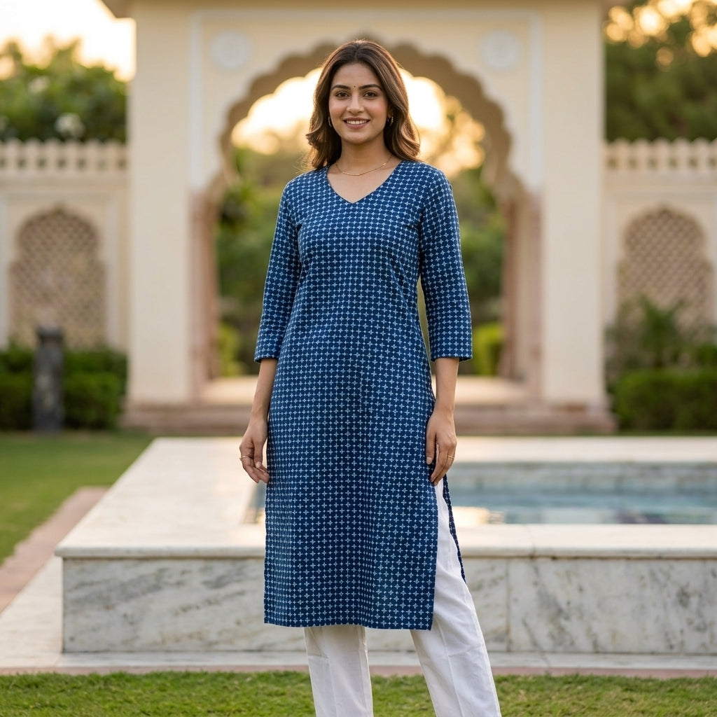 Full-length shot of a smiling woman posing outdoors in an Indigo Blue Bagru hand block printed V-neck kurti paired with classic white pants.