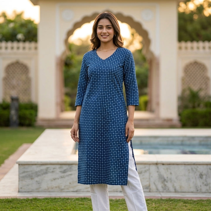 Full-length shot of a smiling woman posing outdoors in an Indigo Blue Bagru hand block printed V-neck kurti paired with classic white pants.