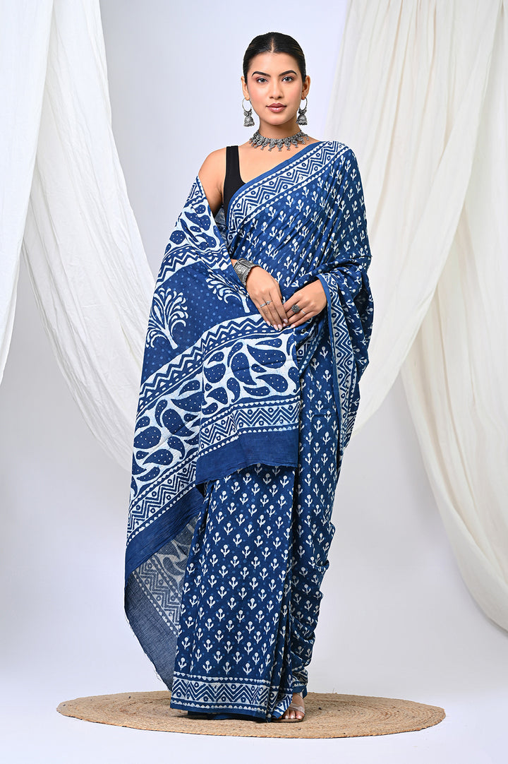 Handcrafted natural indigo dye soft mulmul cotton saree featuring traditional Dabu hand block prints and ethnic patterns.