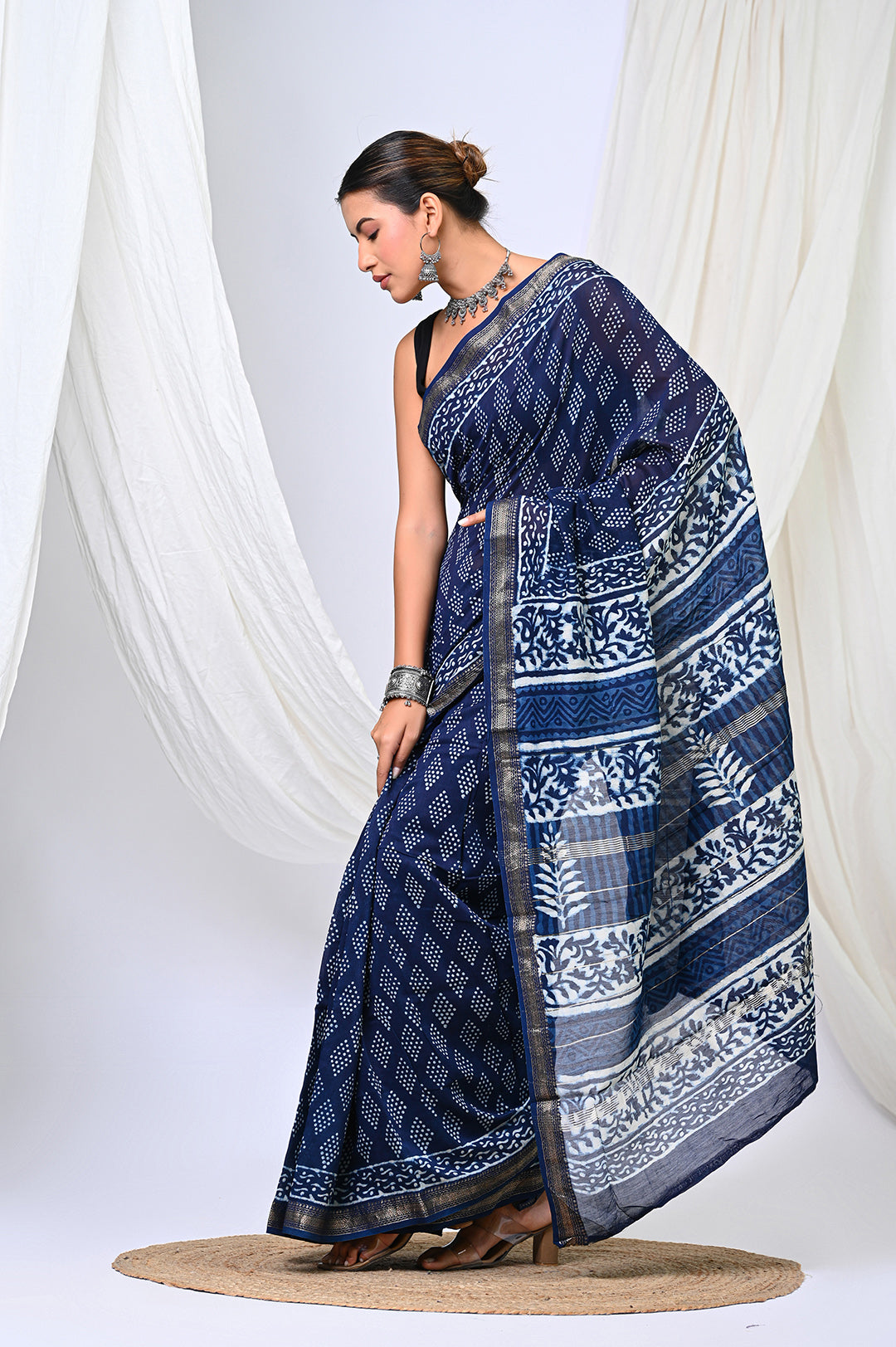 Handcrafted Indigo Dabu Print Maheshwari Silk Saree by Bagru Hastkala Printers