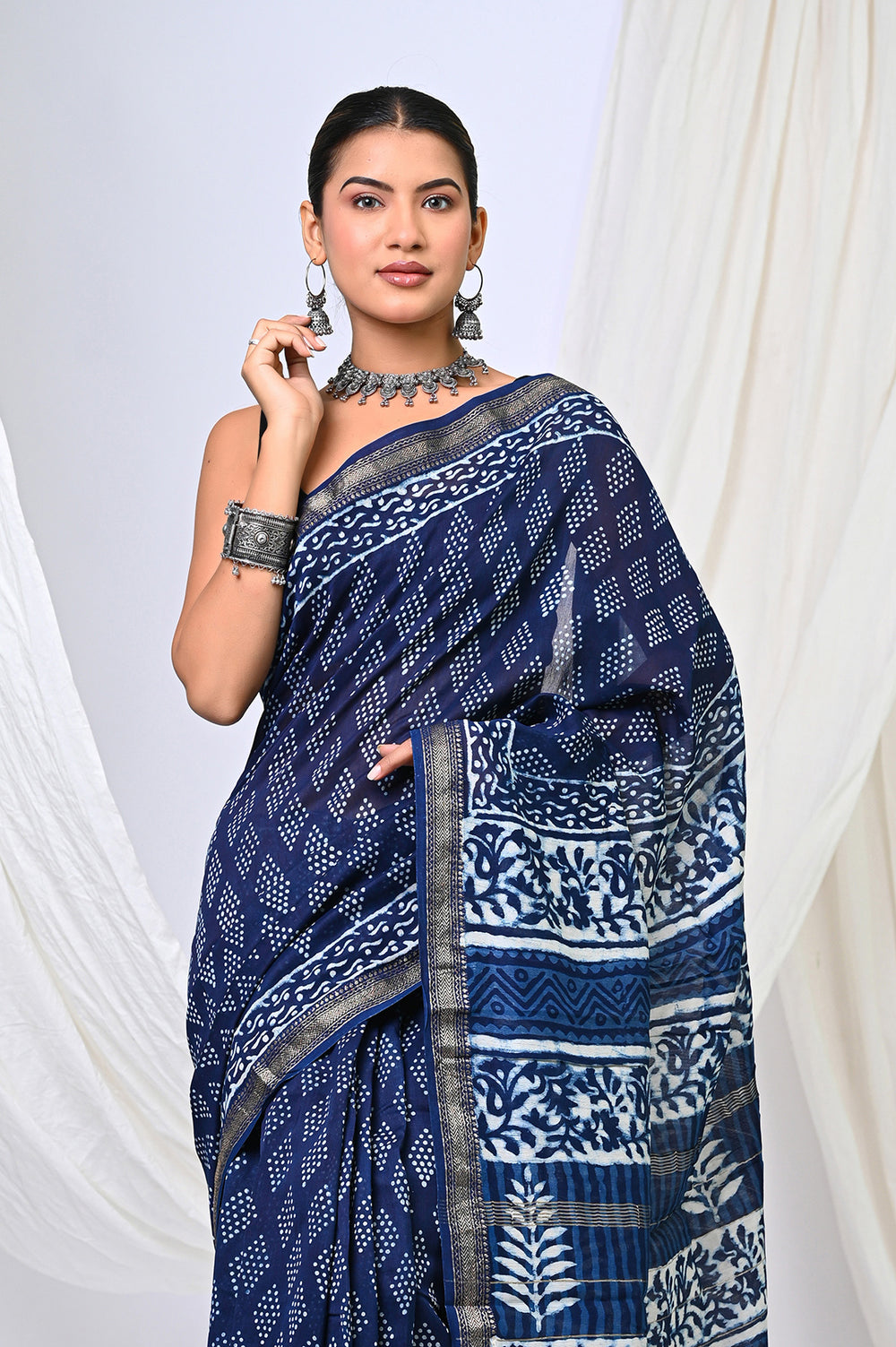 Handcrafted Indigo Dabu Print Maheshwari Silk Saree by Bagru Hastkala Printers