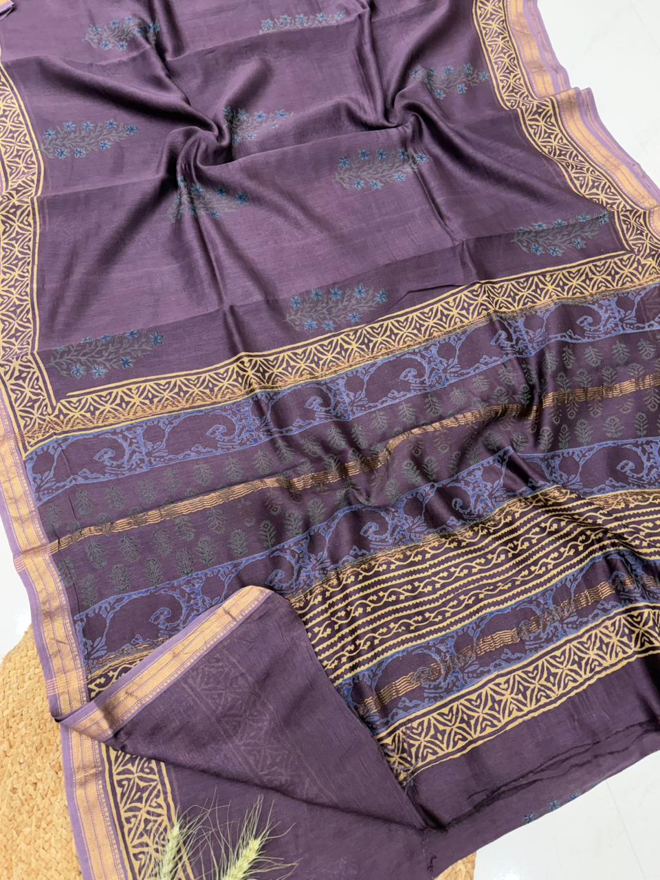 "Hand block printed Pure Maheshwari Silk Saree in plum purple with natural dye prints and unstitched blouse piece - Bagru Hastkala Printers."