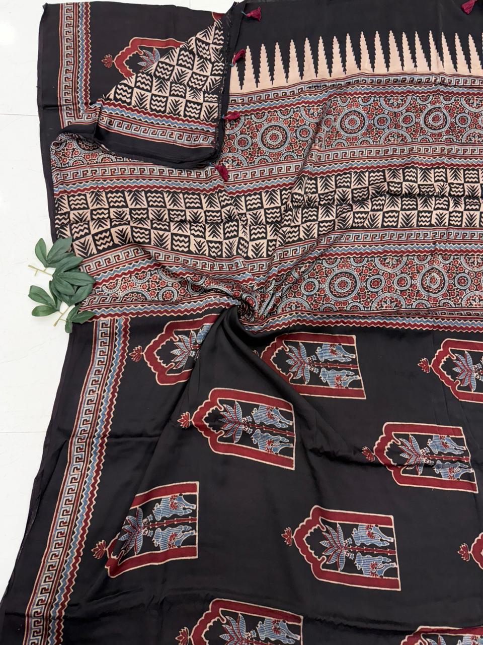 modal silk handblock ajrakh printed saree . 
