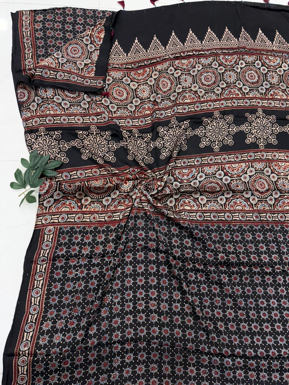 Hand Block Printed Black and Red Ajrakh Modal Silk Saree with Geometric Patterns
