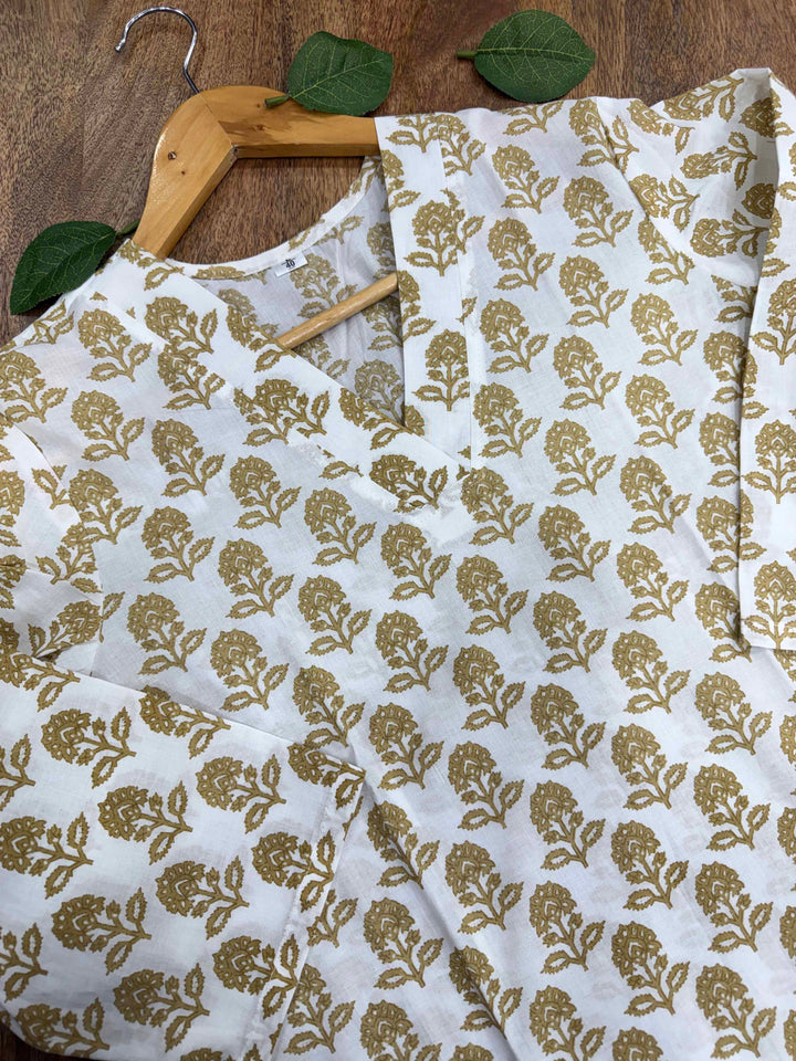 Cotton White Buti Print Top & Bottom Set.