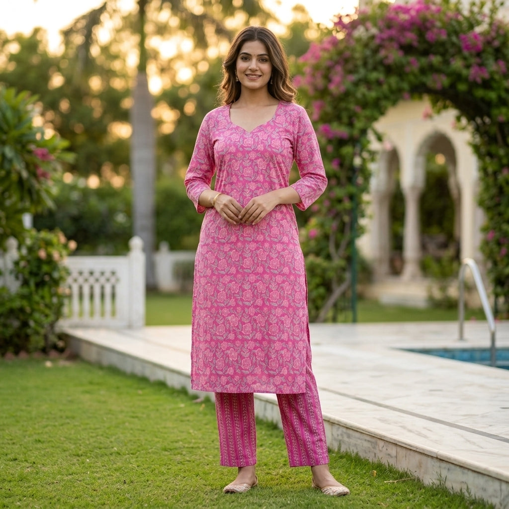 Smiling woman posing outdoors in a pink floral print cotton kurta and matching straight pants set with green foliage background.