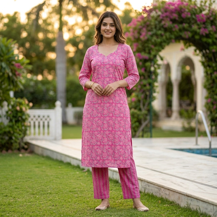 Smiling woman posing outdoors in a pink floral print cotton kurta and matching straight pants set with green foliage background.