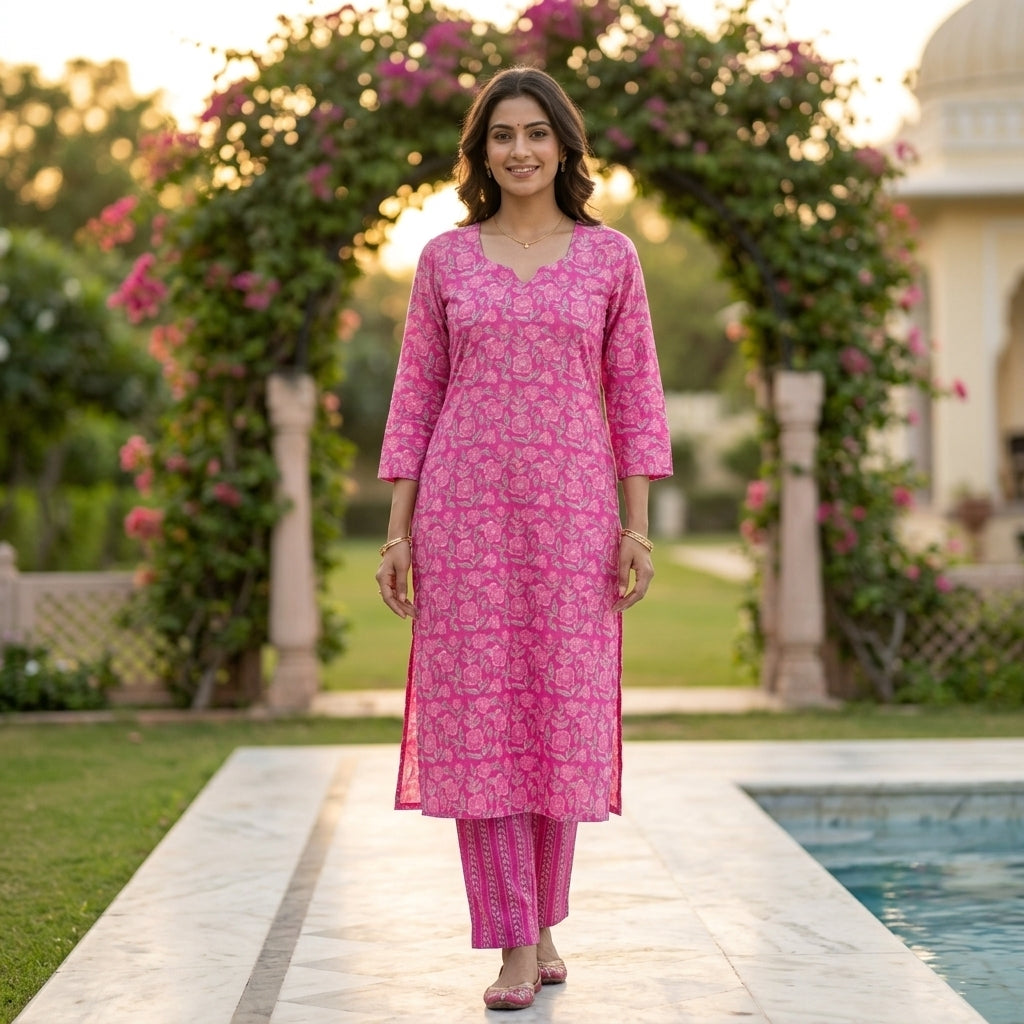 Smiling woman posing outdoors in a pink floral print cotton kurta and matching straight pants set with green foliage background.