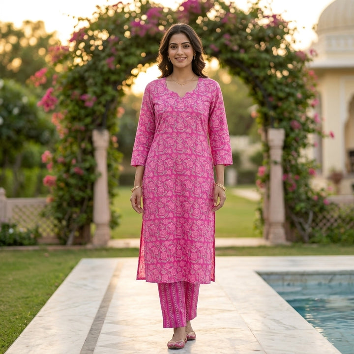 Smiling woman posing outdoors in a pink floral print cotton kurta and matching straight pants set with green foliage background.