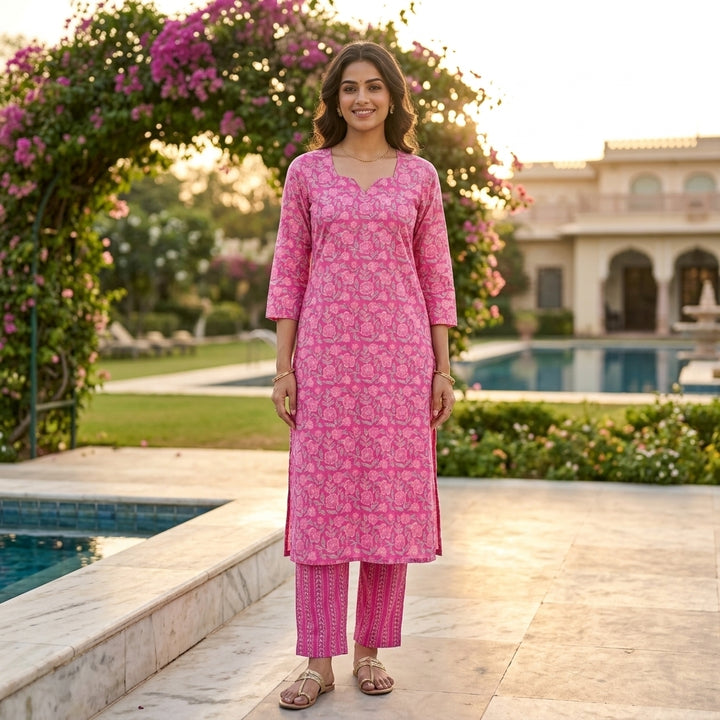 Smiling woman posing outdoors in a pink floral print cotton kurta and matching straight pants set with green foliage background.