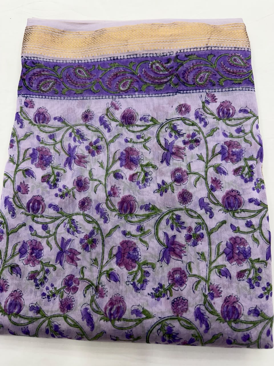 Close-up of the unstitched deep purple Maheshwari silk kurta fabric, featuring the traditional Sanganeri Jaal all-over lattice hand block print pattern in refined details.